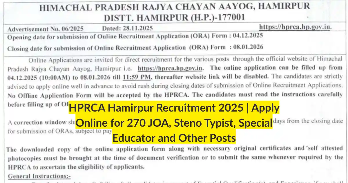 HPRCA Hamirpur Recruitment 2025 Apply Online for 270 JOA, Steno Typist, Special Educator and Other Posts