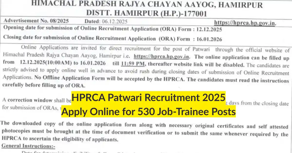 HPRCA Patwari Recruitment 2025 Apply Online for 530 Job-Trainee Posts