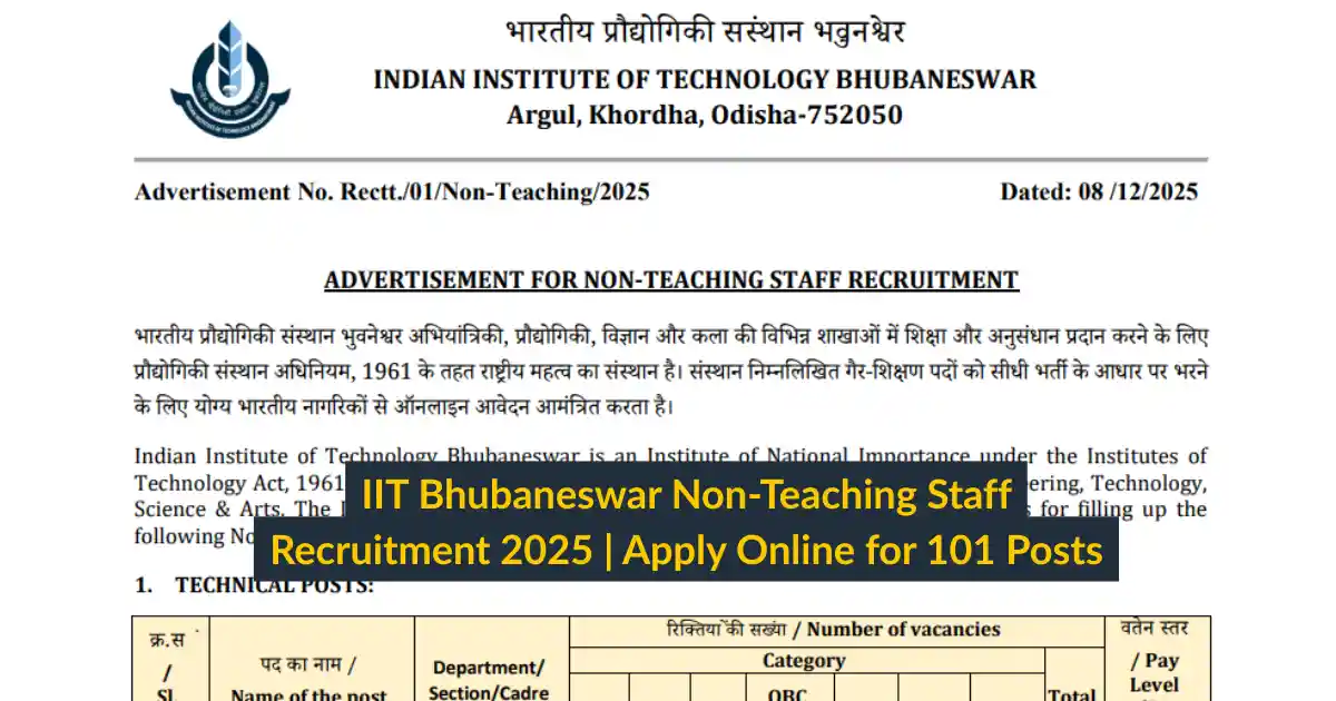 IIT Bhubaneswar Non-Teaching Staff Recruitment 2025 Apply Online for 101 Posts