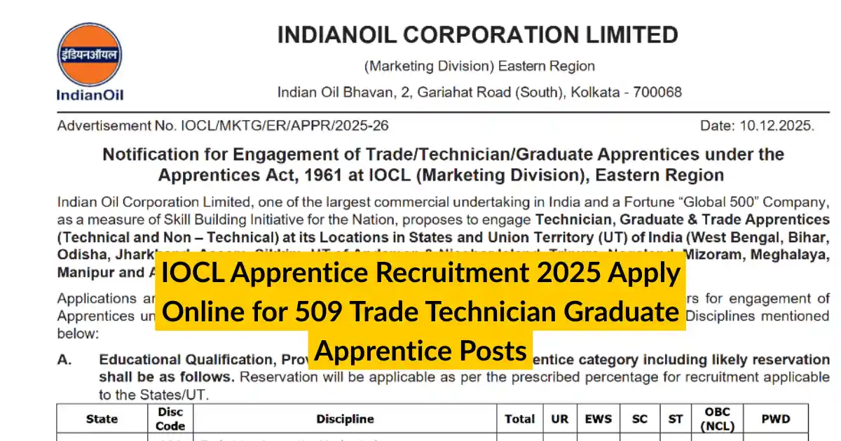 IOCL Apprentice Recruitment 2025 Apply Online for 509 Trade Technician Graduate Apprentice Posts