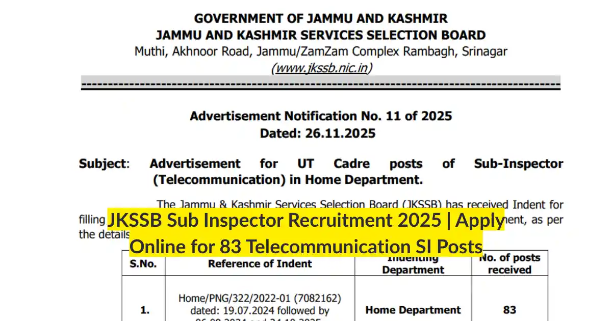 JKSSB Sub Inspector Recruitment 2025 Apply Online for 83 Telecommunication SI Posts