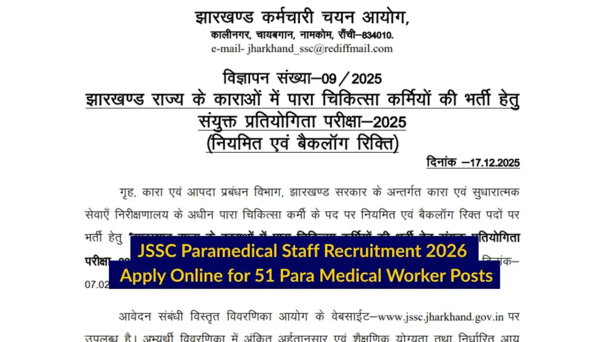 JSSC Paramedical Staff Recruitment 2026 Apply Online for 51 Para Medical Worker Posts