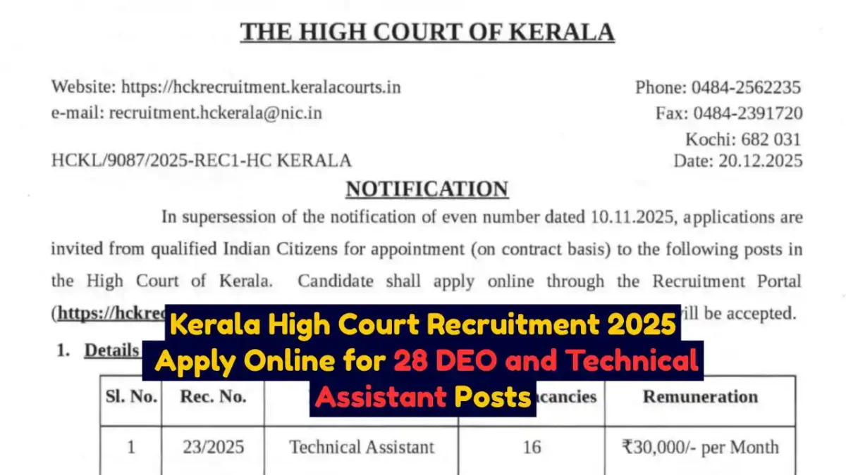 Kerala High Court Recruitment 2025 Apply Online for 28 DEO and Technical Assistant Posts
