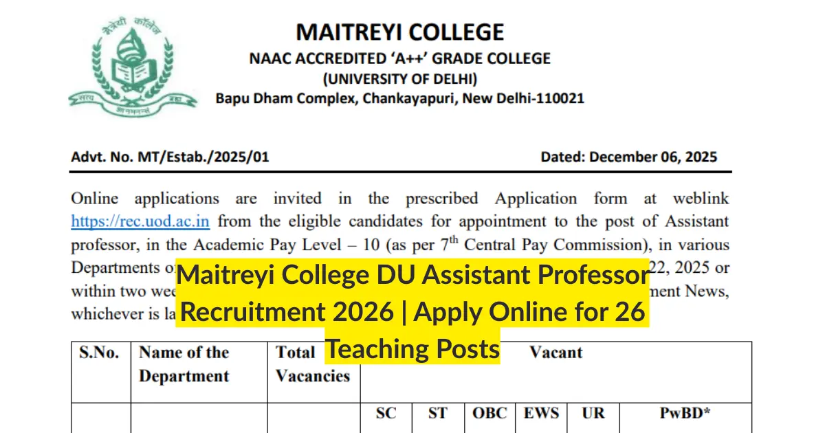 Maitreyi College DU Assistant Professor Recruitment 2026 Apply Online for 26 Teaching Posts