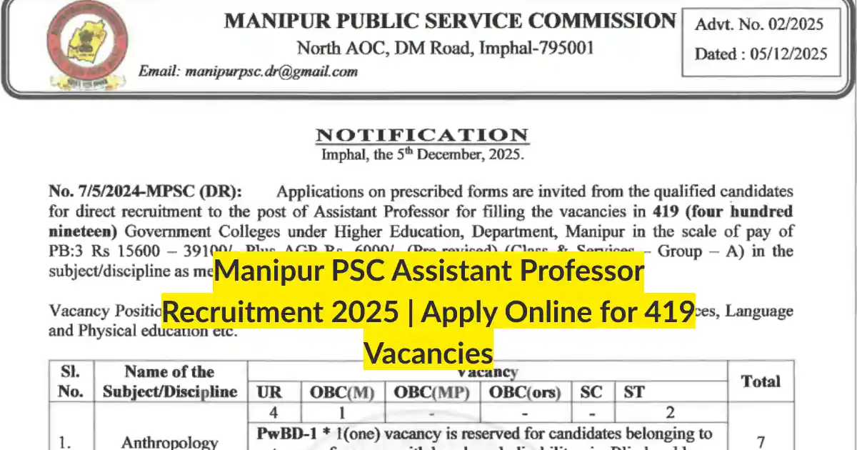 Manipur PSC Assistant Professor Recruitment 2025 Apply Online for 419 Vacancies