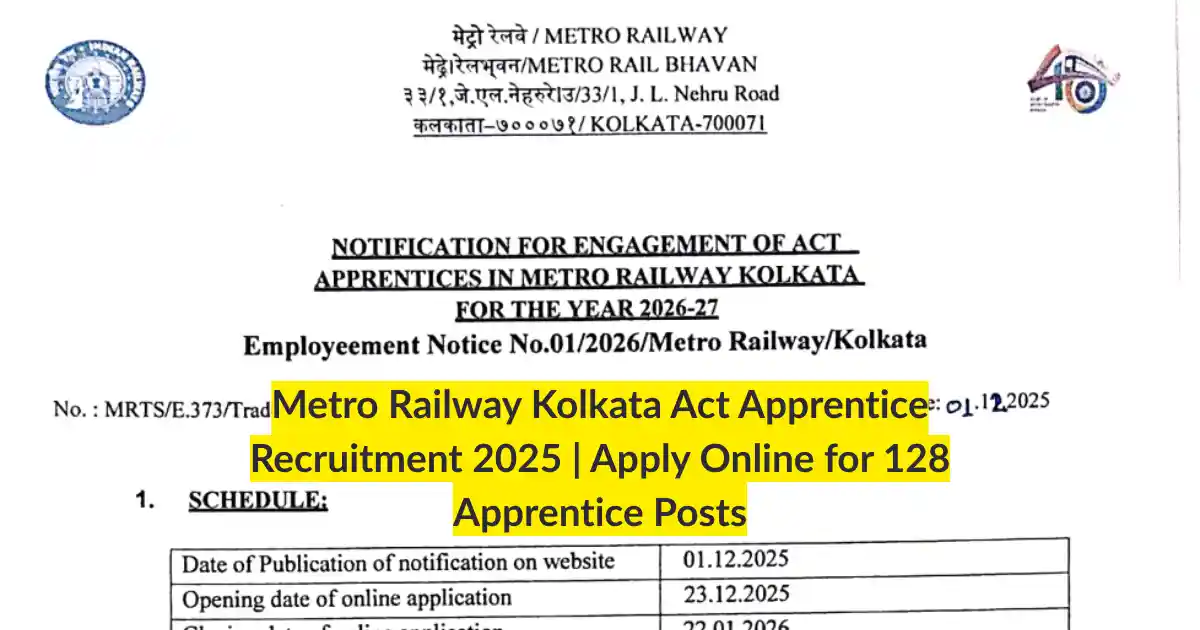 Metro Railway Kolkata Act Apprentice Recruitment 2025 Apply Online for 128 Apprentice Posts