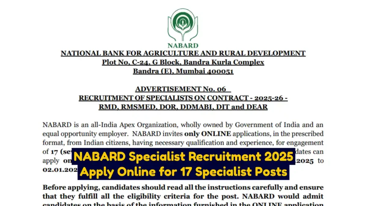 NABARD Specialist Recruitment 2025 Apply Online for 17 Specialist Posts
