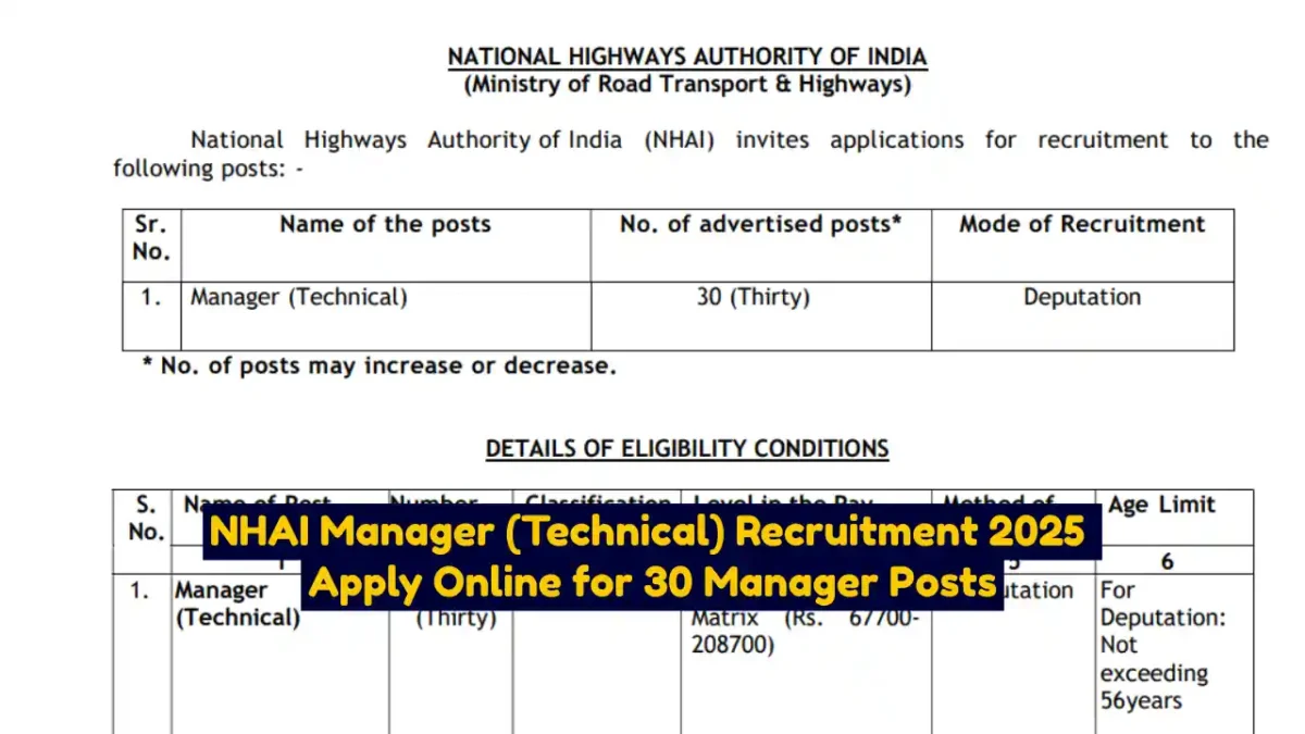 NHAI Manager (Technical) Recruitment 2025 Apply Online for 30 Manager Posts