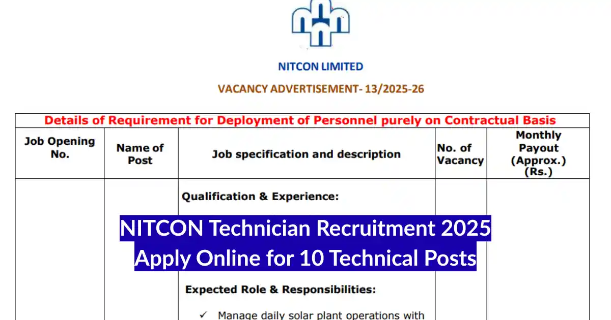 NITCON Technician Recruitment 2025 Apply Online for 10 Technical Posts