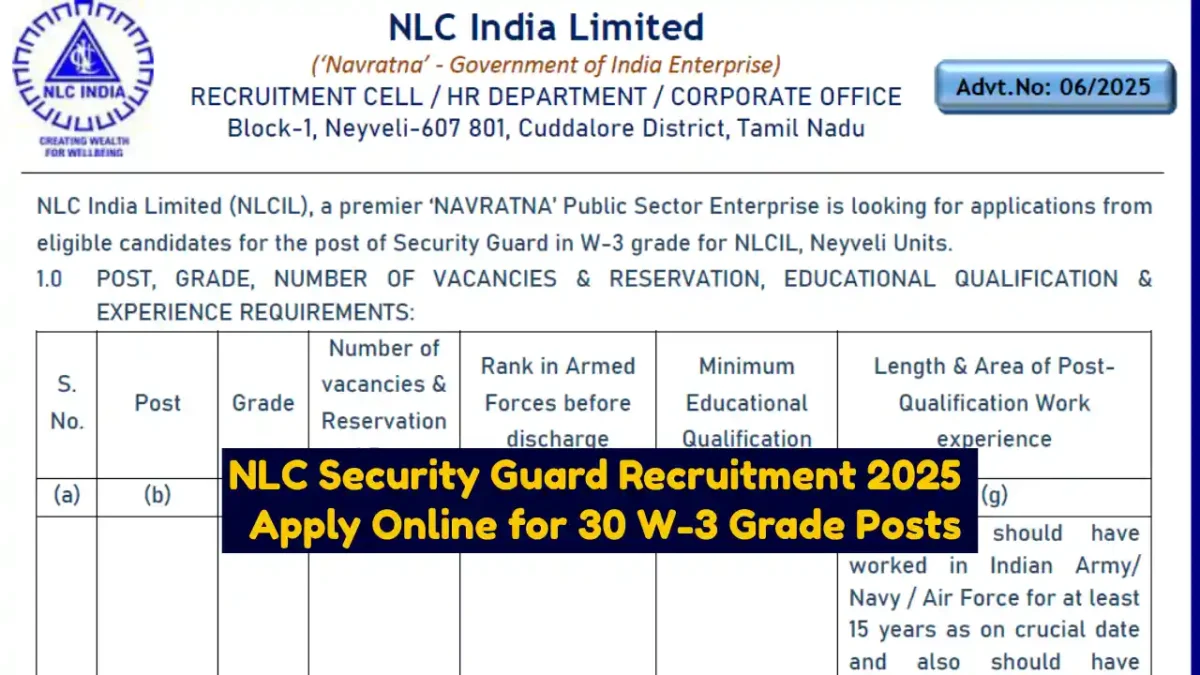 NLC Security Guard Recruitment 2025 Apply Online for 30 W-3 Grade Posts