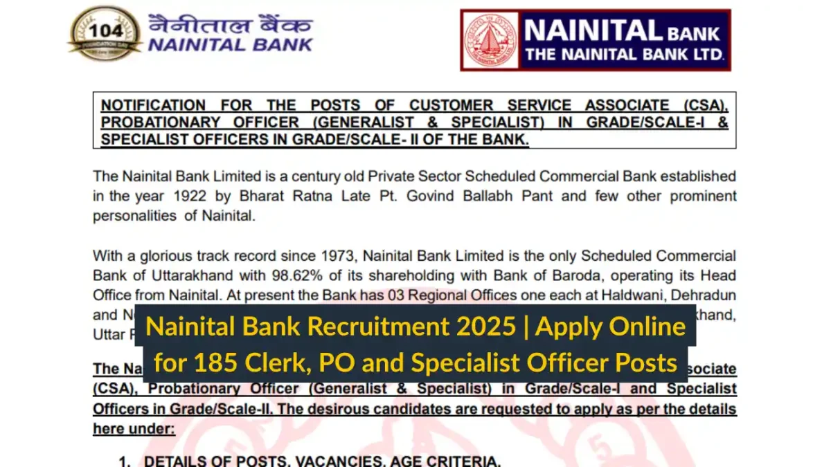 Nainital Bank Recruitment 2025 Apply Online for 185 Clerk, PO and Specialist Officer Posts
