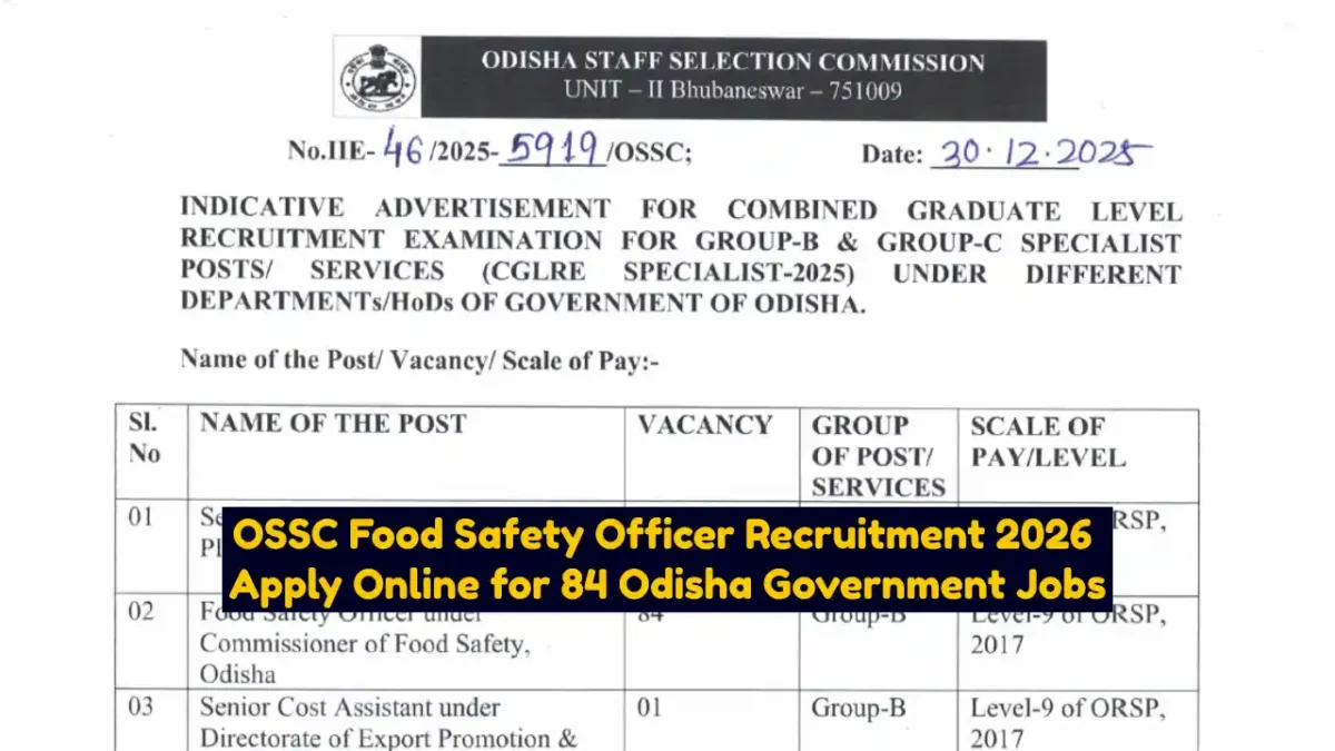 OSSC Food Safety Officer Recruitment 2026 Apply Online for 84 Odisha Government Jobs