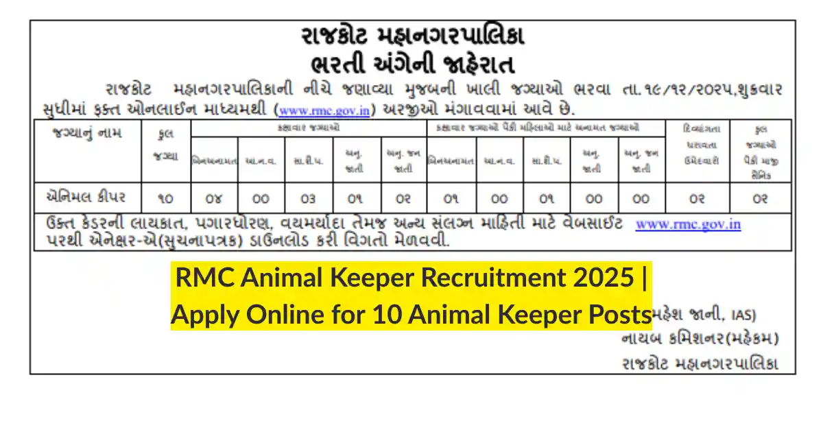 RMC Animal Keeper Recruitment 2025 Apply Online for 10 Animal Keeper Posts