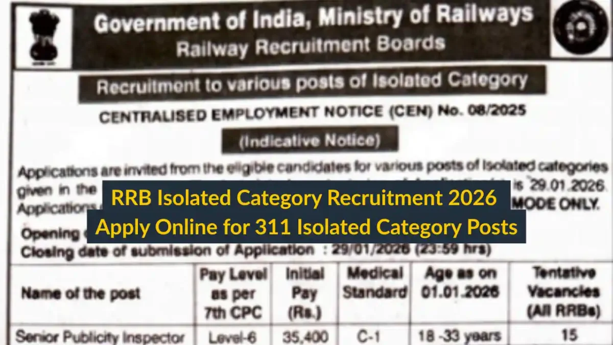 RRB Isolated Category Recruitment 2026 Apply Online for 311 Isolated Category Posts