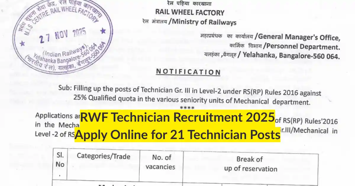 RWF Technician Recruitment 2025 Apply Online for 21 Technician Posts