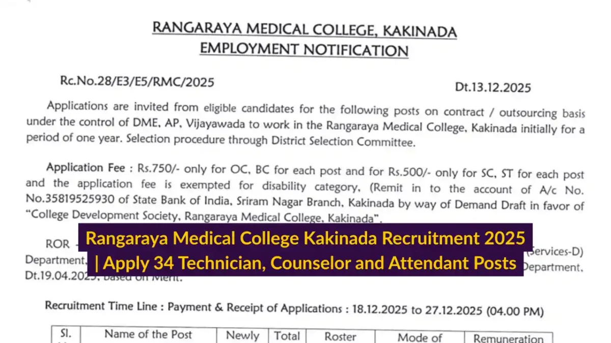 Rangaraya Medical College Kakinada Recruitment 2025 Apply 34 Technician, Counselor and Attendant Posts