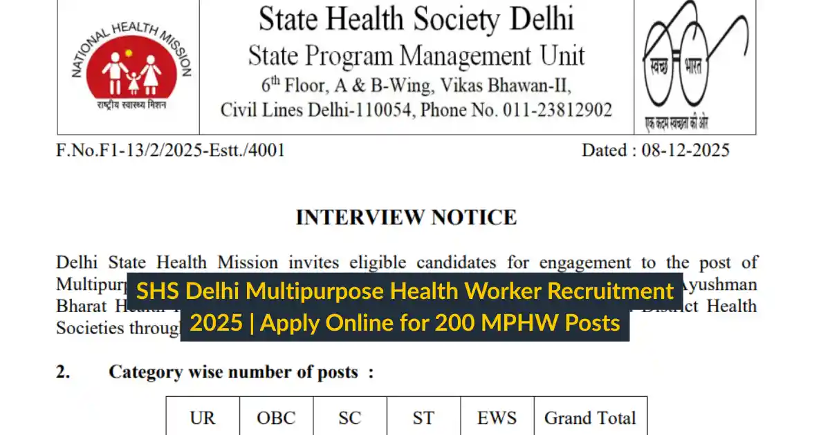SHS Delhi Multipurpose Health Worker Recruitment 2025 Apply Online for 200 MPHW Posts