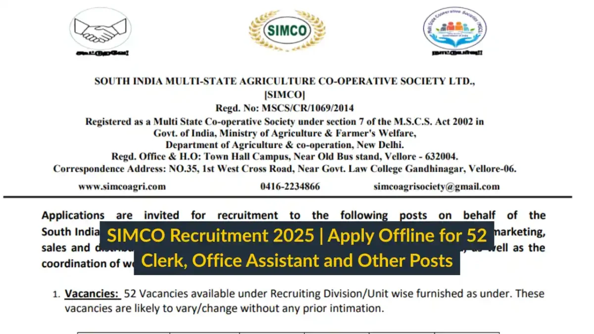 SIMCO Recruitment 2025 Apply Offline for 52 Clerk, Office Assistant and Other Posts
