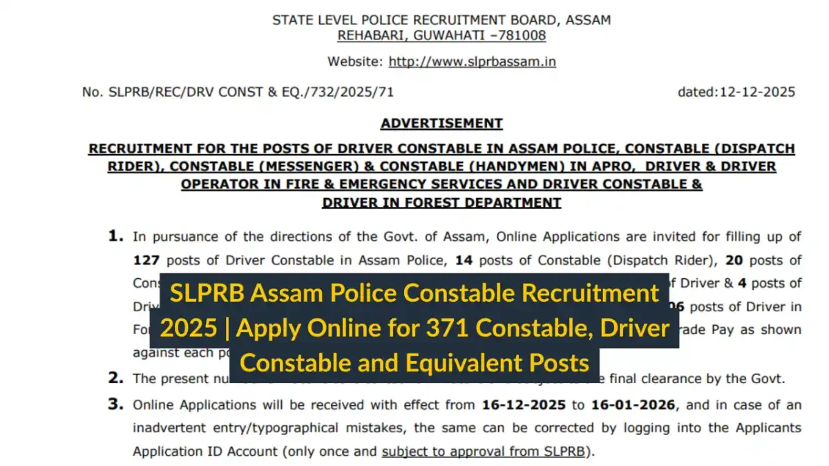 SLPRB Assam Police Constable Recruitment 2025 Apply Online for 371 Constable, Driver Constable and Equivalent Posts