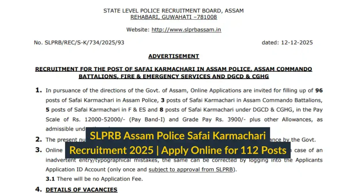 SLPRB Assam Police Safai Karmachari Recruitment 2025 Apply Online for 112 Posts