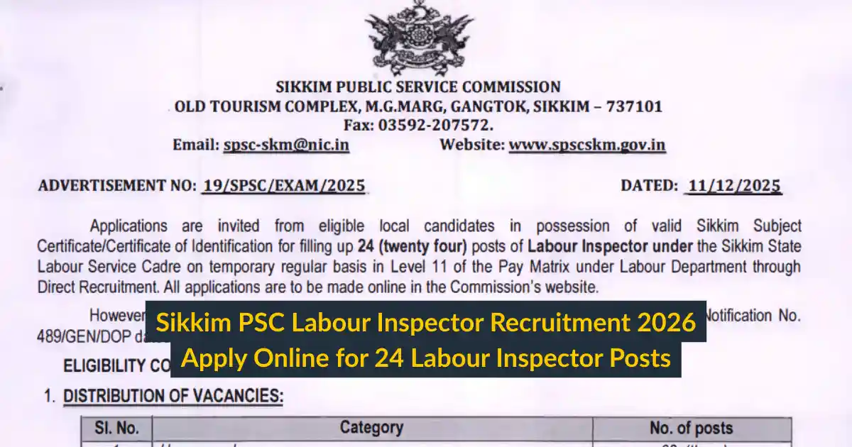 Sikkim PSC Labour Inspector Recruitment 2026 Apply Online for 24 Labour Inspector Posts