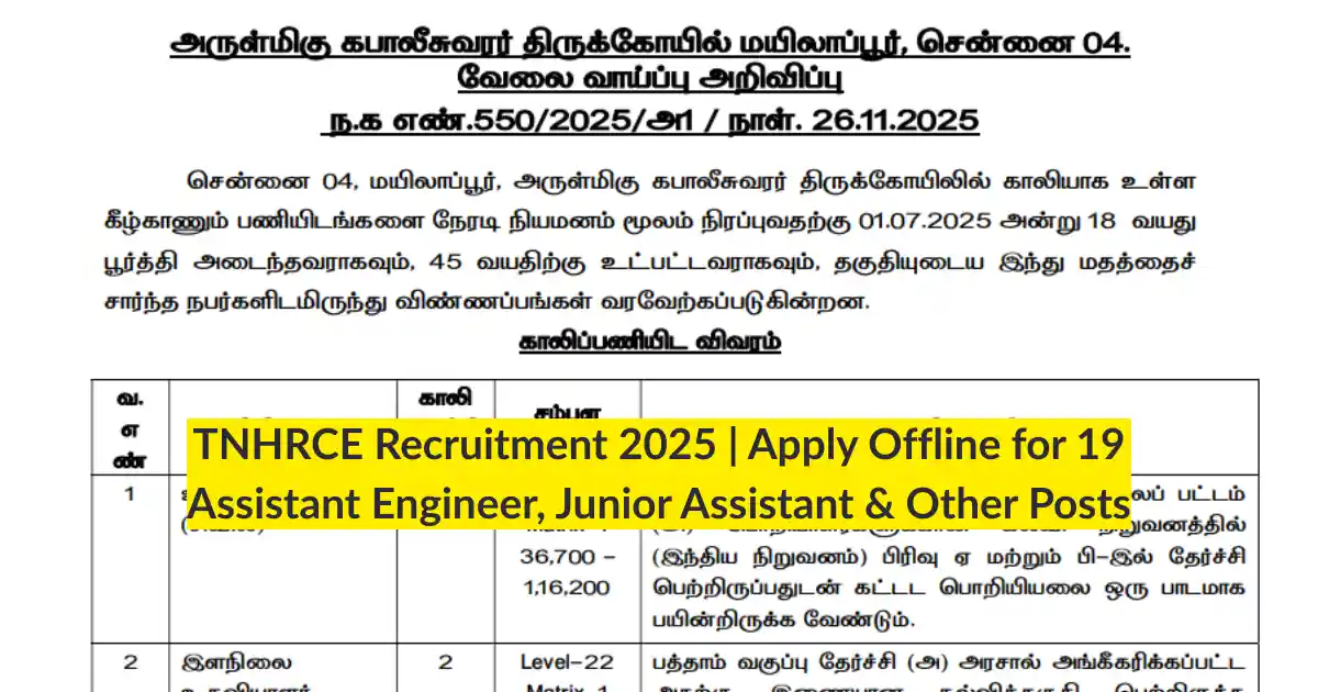 TNHRCE Recruitment 2025 Apply Offline for 19 Assistant Engineer, Junior Assistant & Other Posts