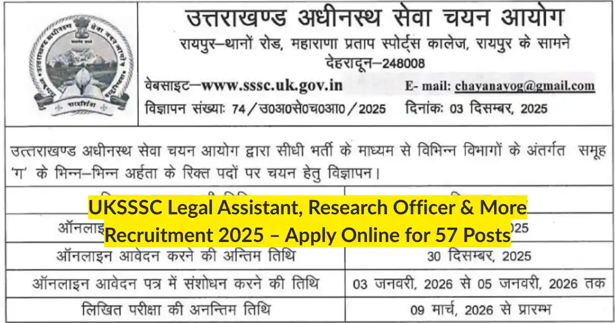 UKSSSC Legal Assistant, Research Officer & More Recruitment 2025 – Apply Online for 57 Posts