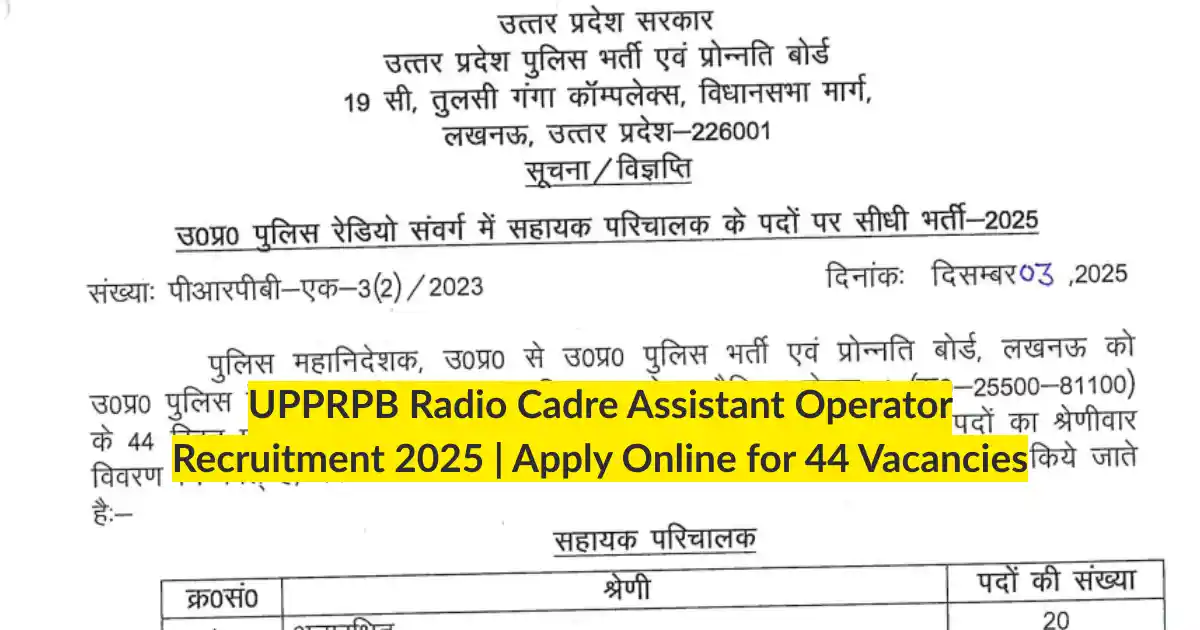 UPPRPB Radio Cadre Assistant Operator Recruitment 2025 Apply Online for 44 Vacancies