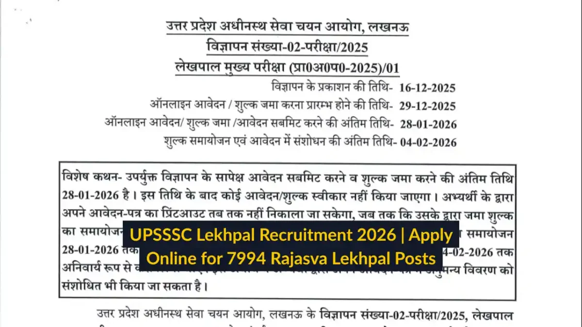 UPSSSC Lekhpal Recruitment 2026 Apply Online for 7994 Rajasva Lekhpal Posts
