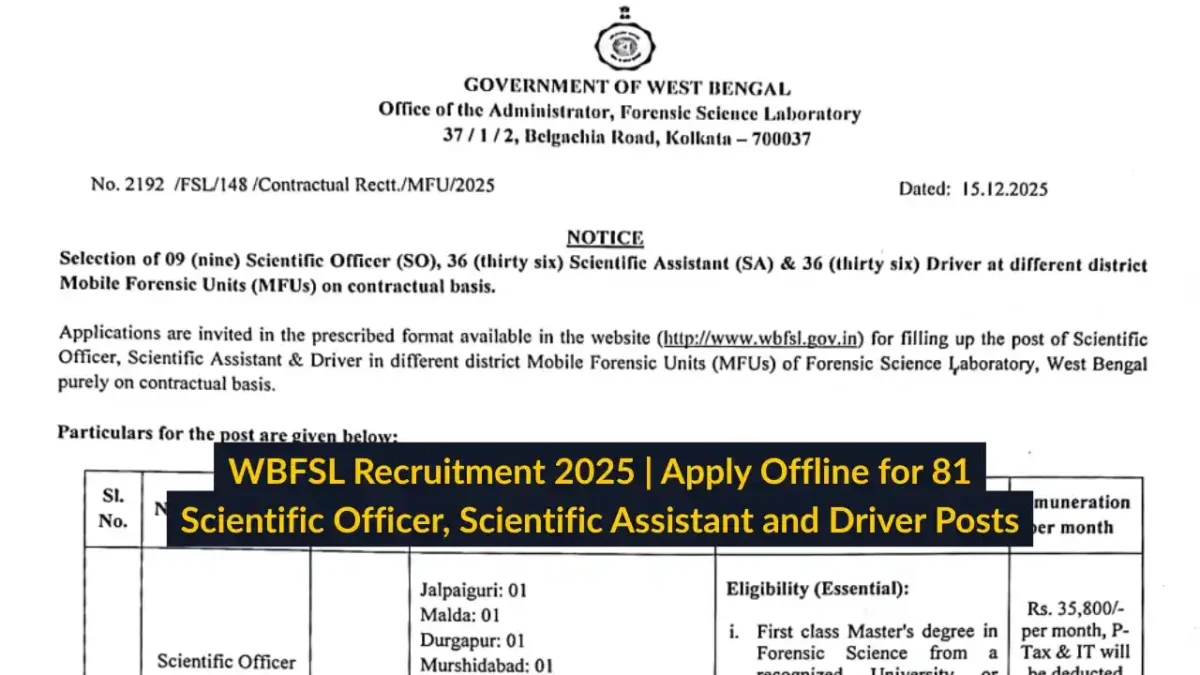 WBFSL Recruitment 2025 Apply Offline for 81 Scientific Officer, Scientific Assistant and Driver Posts