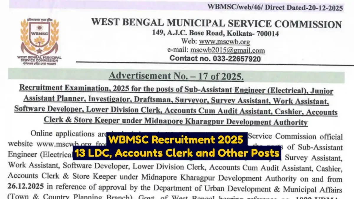 WBMSC Recruitment 2025 Apply Online for 13 LDC, Accounts Clerk and Other Posts
