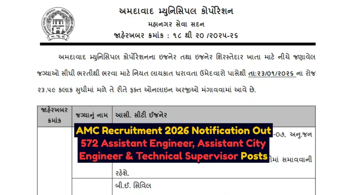 AMC Recruitment 2026 Notification Out 572 Assistant Engineer, Assistant City Engineer & Technical Supervisor Posts