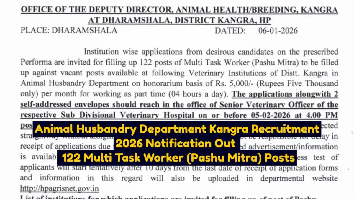 Animal Husbandry Department Kangra Recruitment 2026 Notification Out 122 Multi Task Worker (Pashu Mitra) Posts