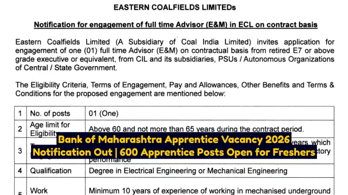Bank of Maharashtra Apprentice Vacancy 2026 Notification Out 600 Apprentice Posts Open for Freshers