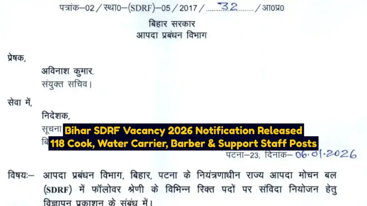 Bihar SDRF Vacancy 2026 Notification Released 118 Cook, Water Carrier, Barber & Support Staff Posts