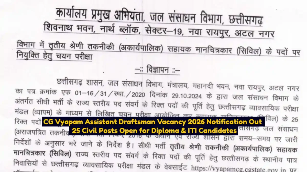 CG Vyapam Assistant Draftsman Vacancy 2026 Notification Out 25 Civil Posts Open for Diploma & ITI Candidates