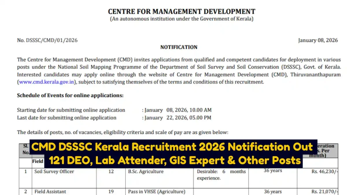 CMD DSSSC Kerala Recruitment 2026 Notification Out 121 DEO, Lab Attender, GIS Expert & Other Posts