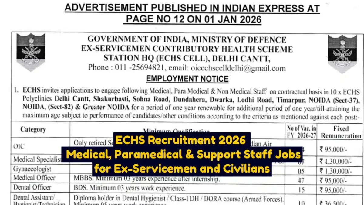 ECHS Recruitment 2026 Medical, Paramedical & Support Staff Jobs for Ex-Servicemen and Civilians
