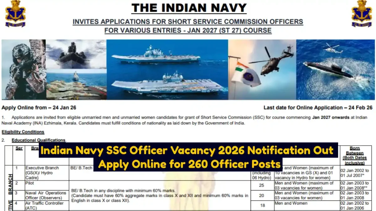 Indian Navy SSC Officer Vacancy 2026 Notification Out Apply Online for 260 Officer Posts