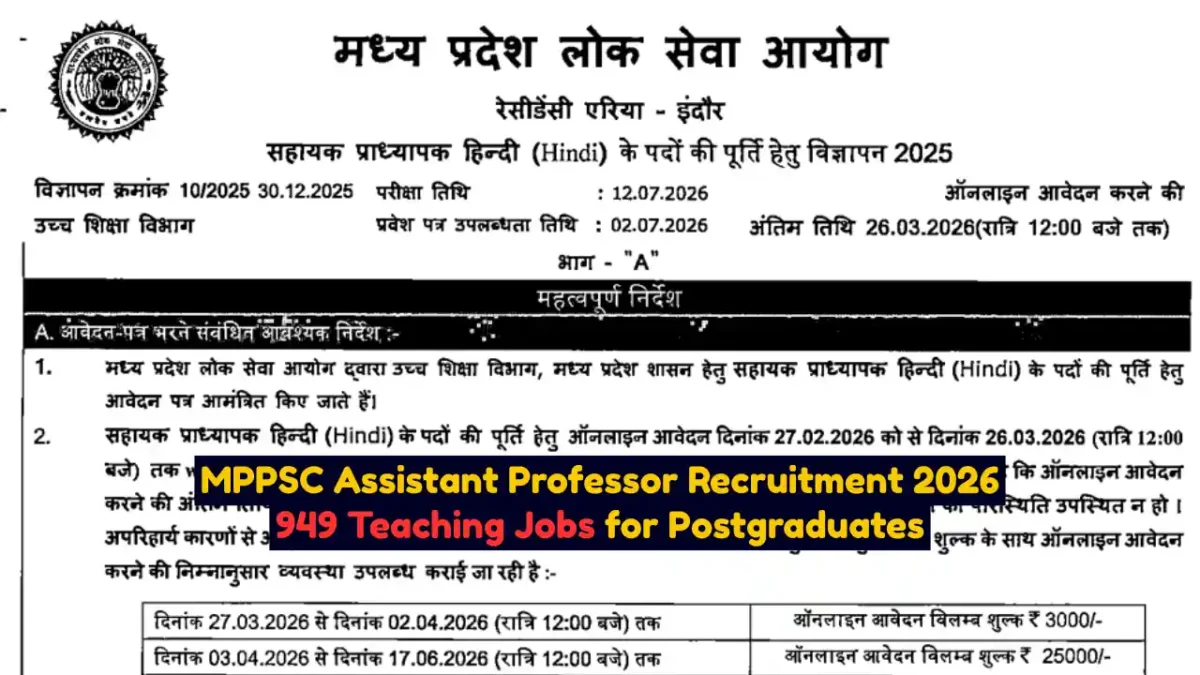 MPPSC Assistant Professor Recruitment 2026 949 Teaching Jobs for Postgraduates