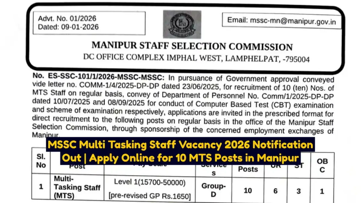 MSSC Multi Tasking Staff Vacancy 2026 Notification Out Apply Online for 10 MTS Posts in Manipur