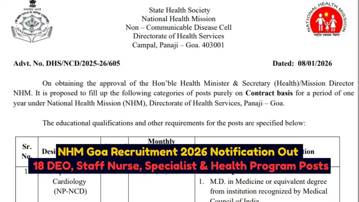 NHM Goa Recruitment 2026 Notification Out 18 DEO, Staff Nurse, Specialist & Health Program Posts
