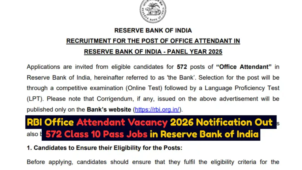 RBI Office Attendant Vacancy 2026 Notification Out 572 Class 10 Pass Jobs in Reserve Bank of India
