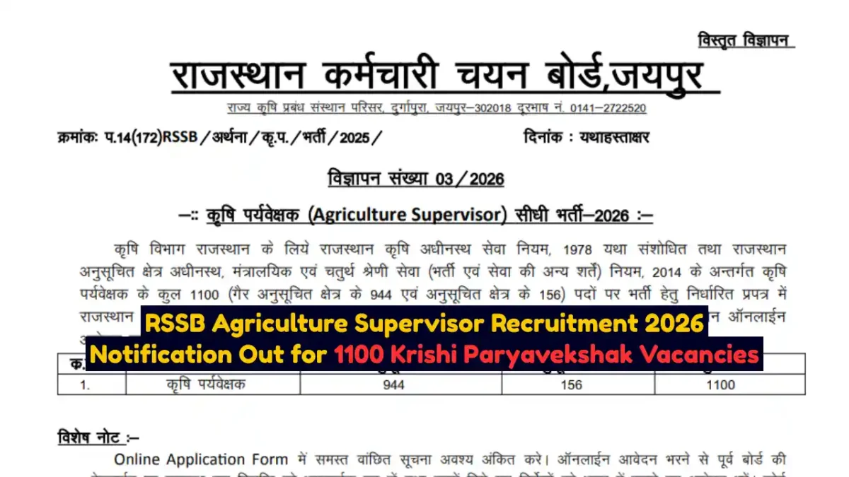 RSSB Agriculture Supervisor Recruitment 2026 Notification Out for 1100 Krishi Paryavekshak Vacancies