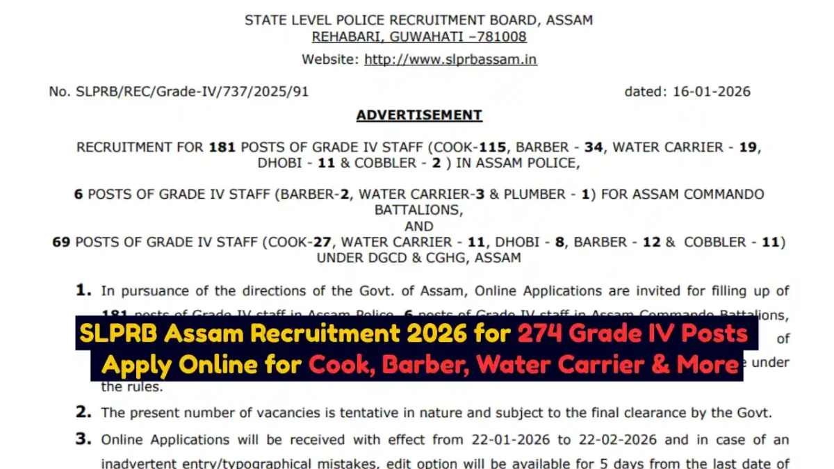 SLPRB Assam Recruitment 2026 for 274 Grade IV Posts