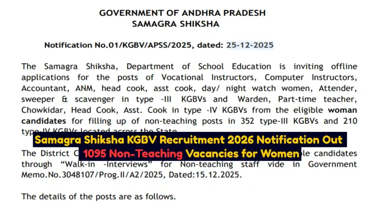 Samagra Shiksha KGBV Recruitment 2026 Notification Out 1095 Non-Teaching Vacancies for Women