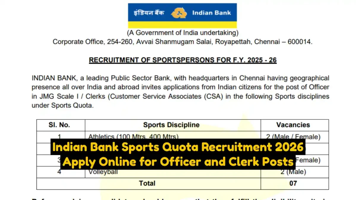 Indian Bank Sports Quota Recruitment 2026